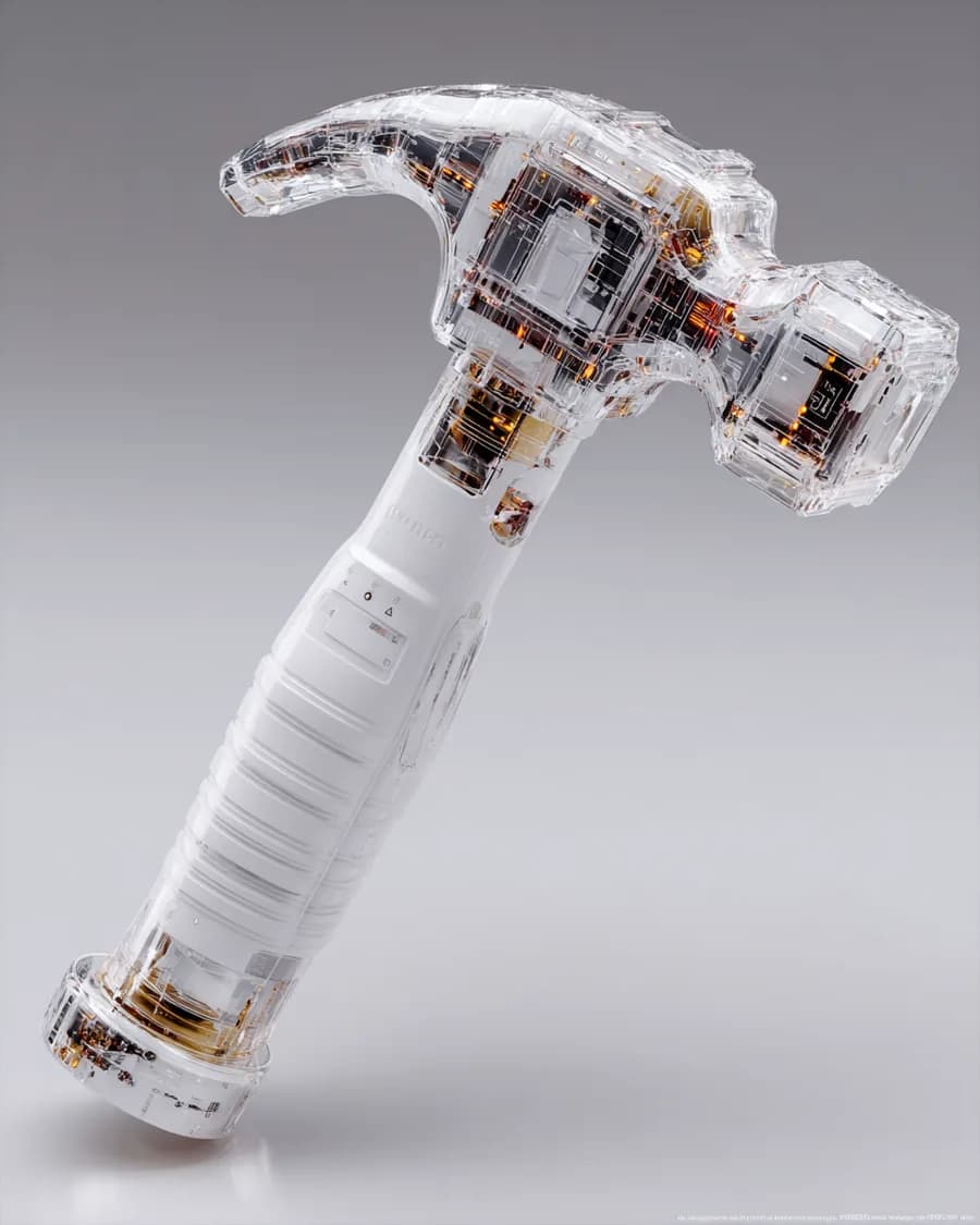 Gläserner Hammer mit feiner Technik im Inneren — Symbolbild für Webdesign für Handwerksbetriebe in Graz