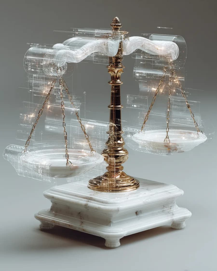 Goldene Justitia-Waage auf Marmorsockel — Symbolbild für Webdesign für Anwälte und Kanzleien in Graz