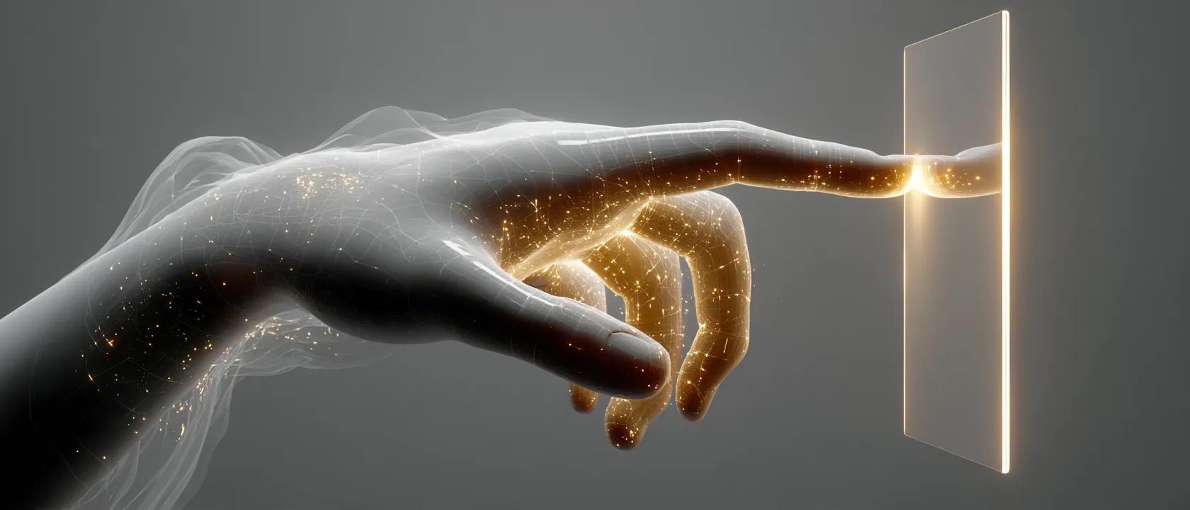 Weiße Hand, Finger berührt ein leuchtendes Interface-Panel — App-Entwicklung, ein Tap zur Buchung