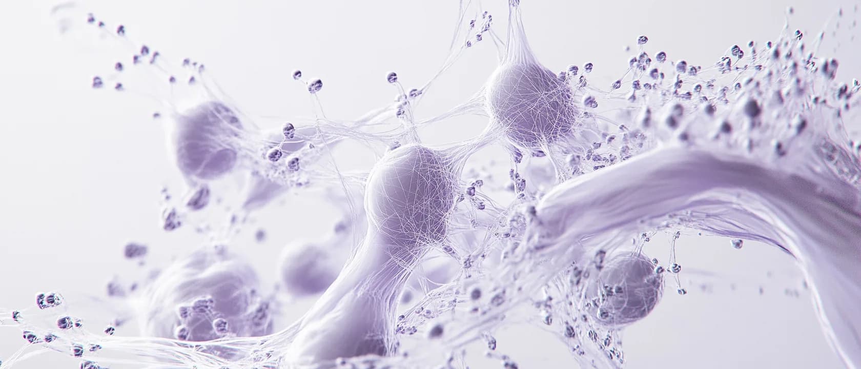 Weiße neuronale Struktur mit violetten Knoten und Datenfilamenten — KI-Automation und RAG-Chatbots