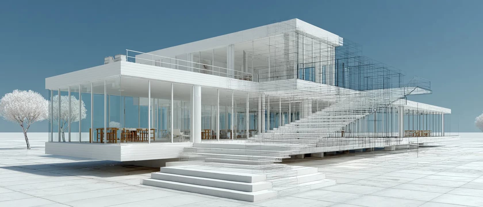 Klare weiße Glas-Architektur mit Wireframe-Gerüst — Sinnbild für sauber von Grund auf gebauten Code