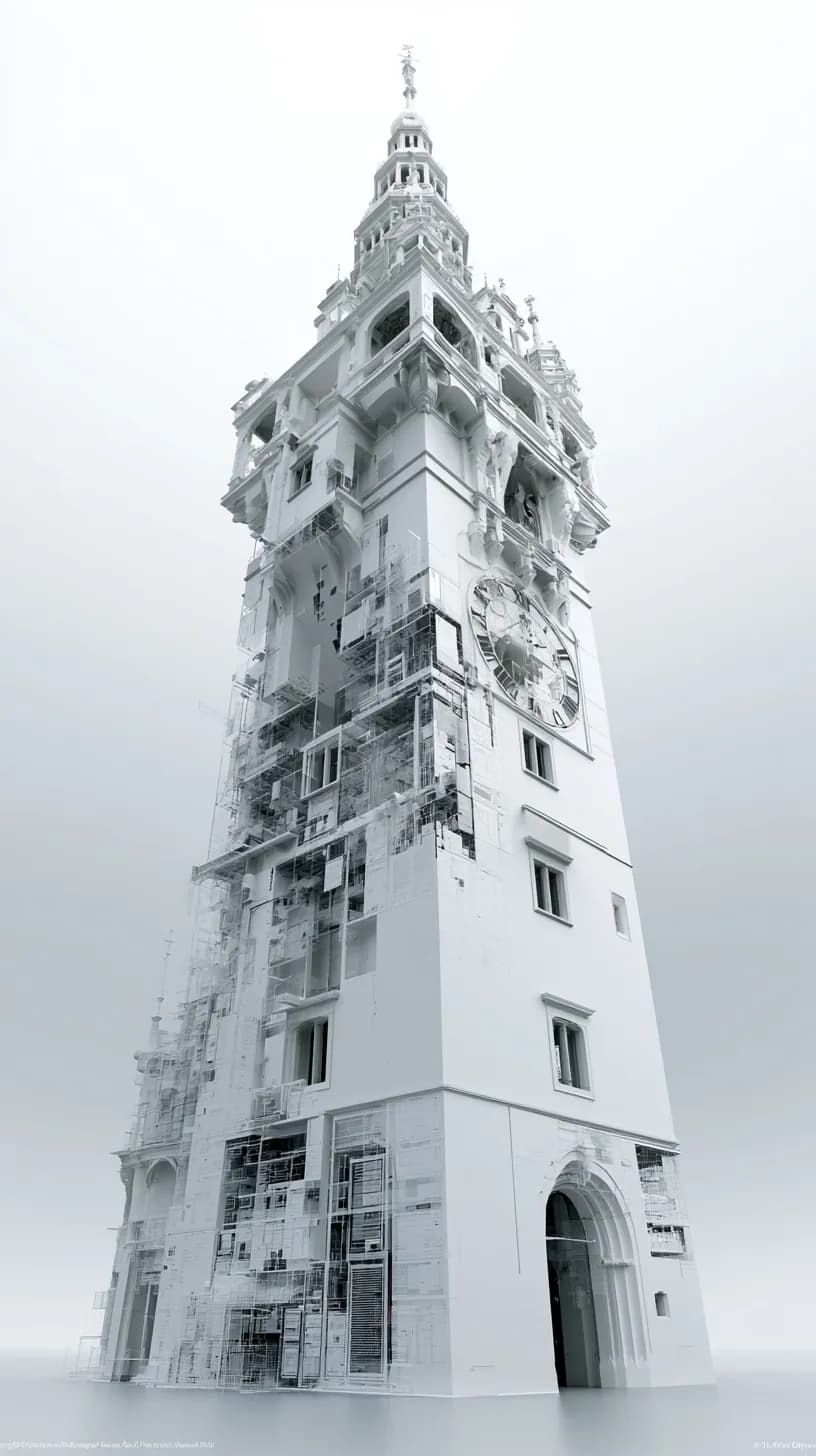 Uhrturm Graz als feinlinige CGI-Architekturzeichnung — Webdesign & Digitalagentur webmeon in Graz