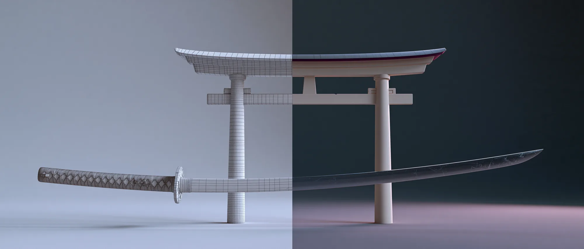 3D-Katana und Torii-Tor, links als graues Wireframe, rechts als fertig gerendertes 3D-Modell