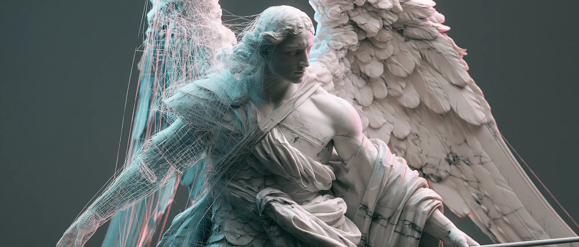 Digitaler Wireframe eines geflügelten Engels, der nahtlos in eine gerenderte Marmor-Statue übergeht