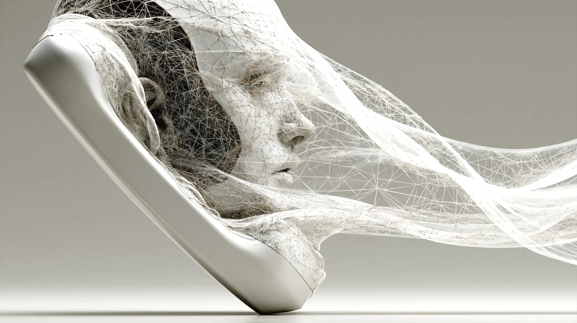 Aus einem weißen Telefonhörer wächst ein Gesicht, umhüllt von einem feinen Netz aus Linien, das wie ein Schleier davonweht