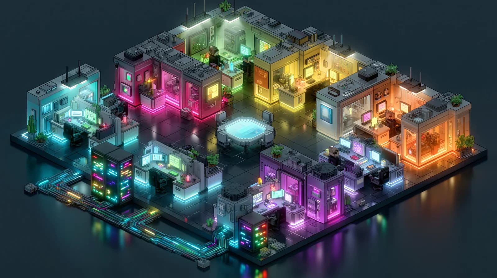 Webmeon-Office Floorplan — isometrische Ansicht der virtuellen Agentur mit Räumen pro Agent